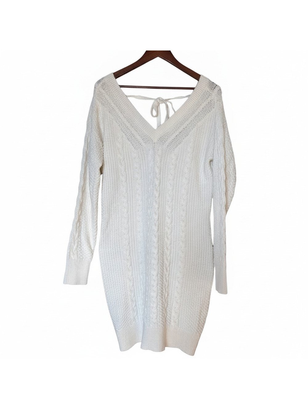 Abercrombie & Fitch Vintage Y2K White Cable Knit V-Neck Sweater Dress Unlined